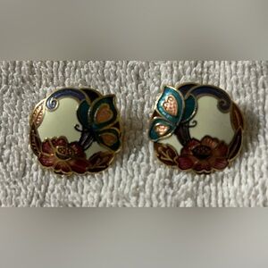Elegant Butterfly and Floral Earrings vintage 1980s Cloisonné
